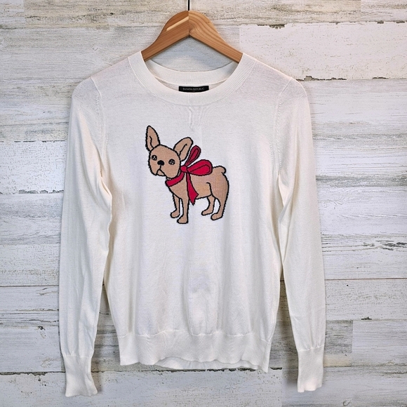 NWT Banana Republic Frenchie Intarsia Sweater Sz XS Cream Lightweight Puppy Dog - Picture 8 of 15